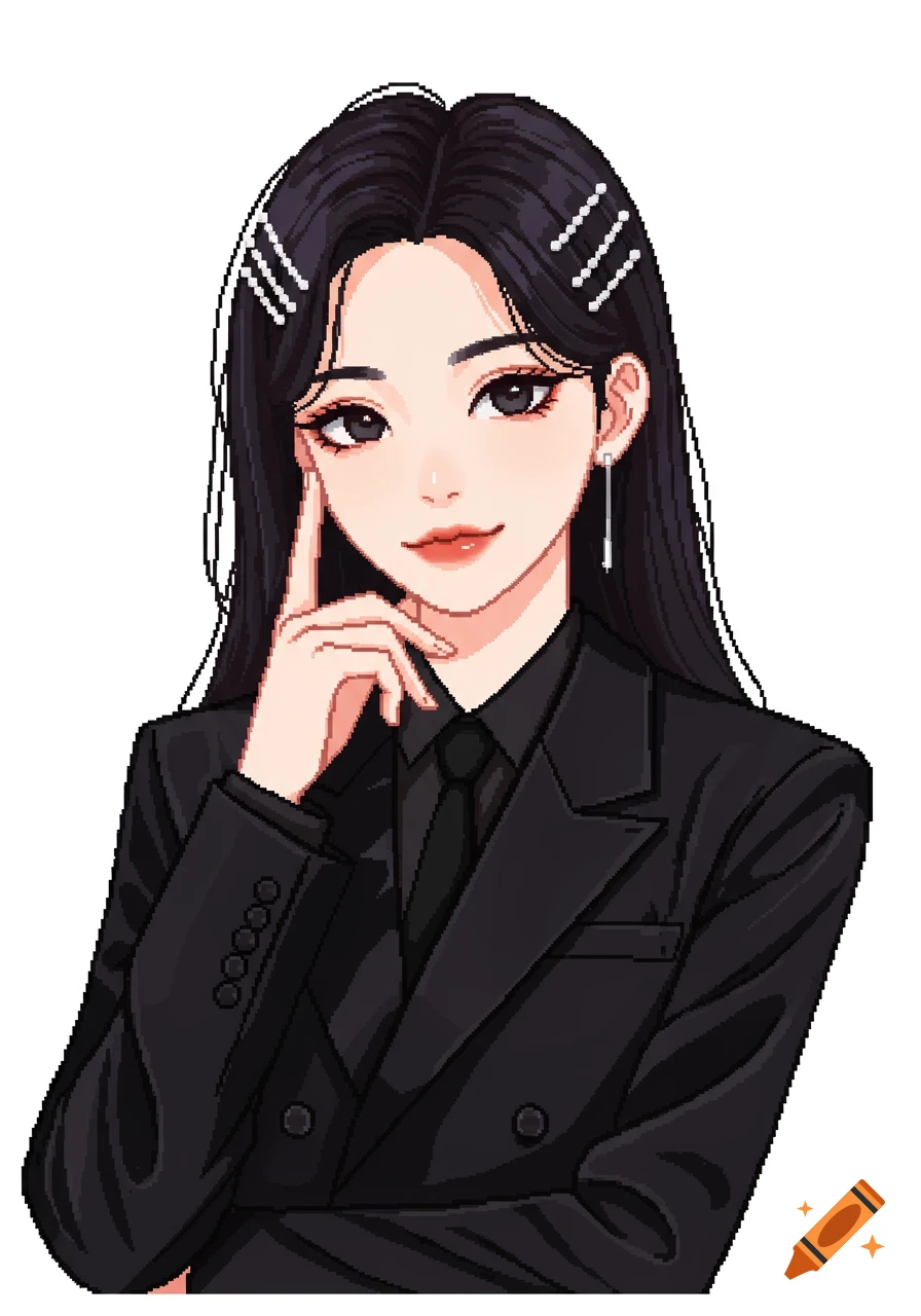 A pixel art portrait of a woman with long dark hair and hair clips, wearing a black suit and tie, with one finger raised to her face.