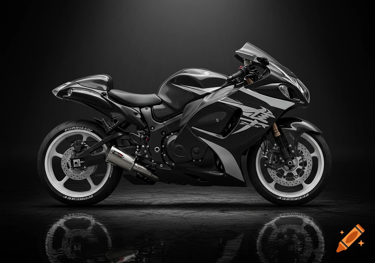 A black and white Suzuki Hayabusa motorcycle with white rims is parked on a dark surface, reflecting on the ground.