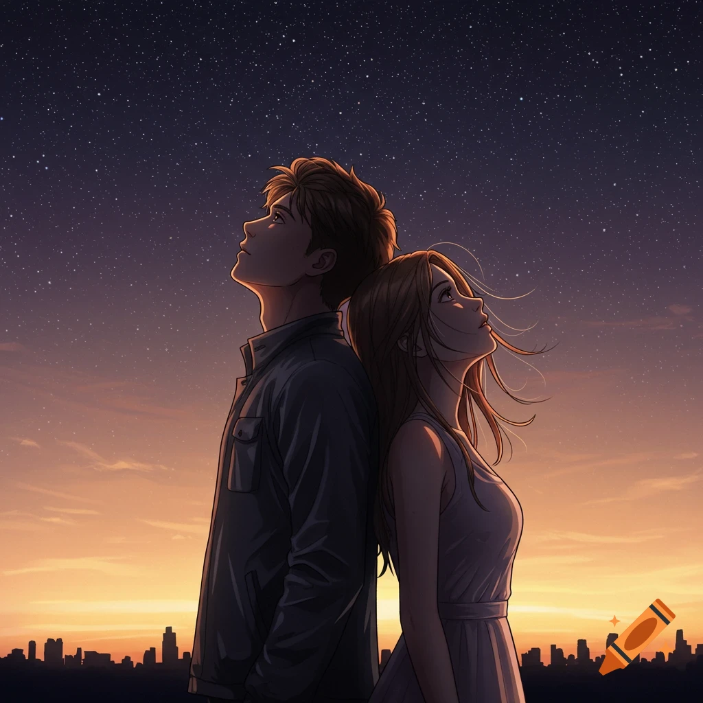 An anime couple stands back to back, looking up at a starry night sky above a city skyline at sunset.