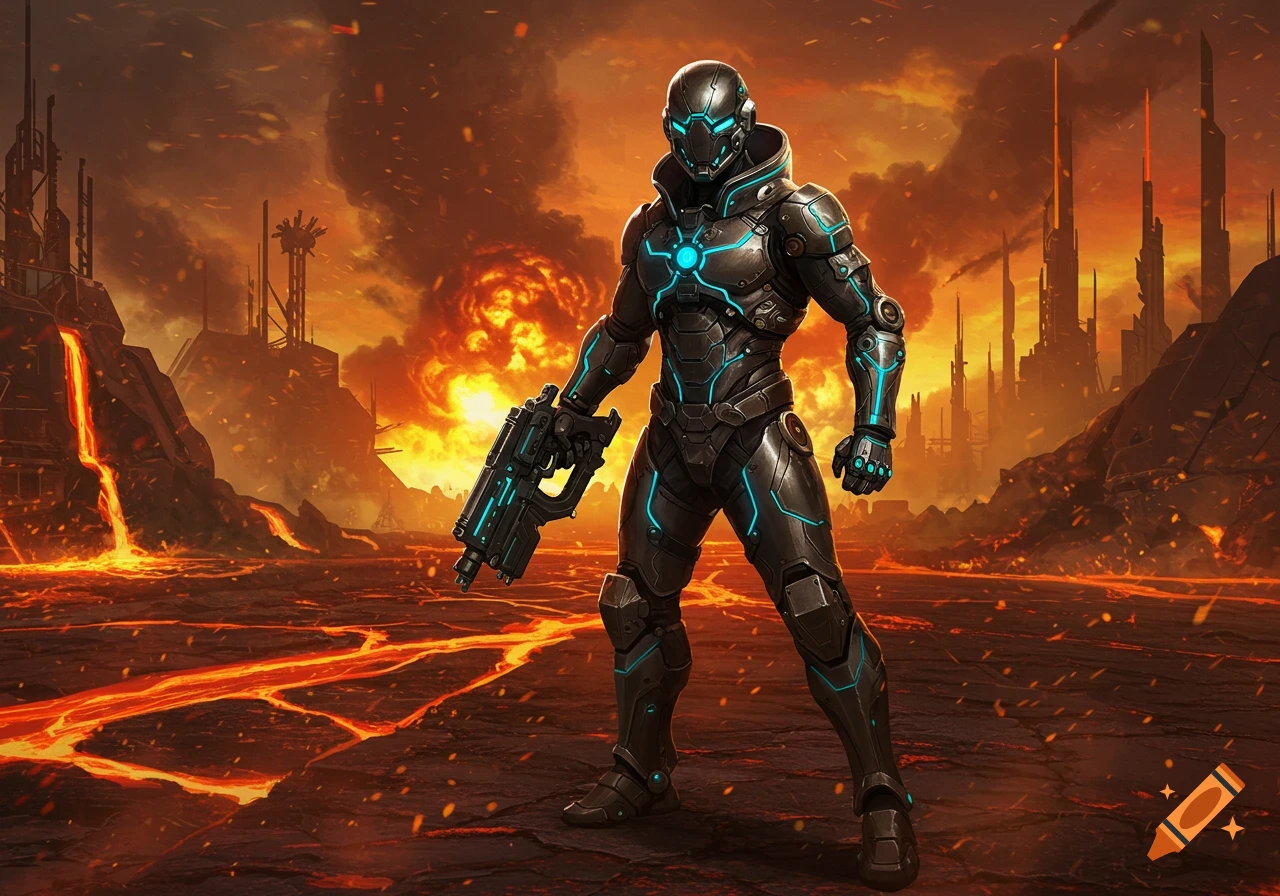 A futuristic soldier in black power armor with glowing blue lines stands in a volcanic landscape with lava and ruined buildings.