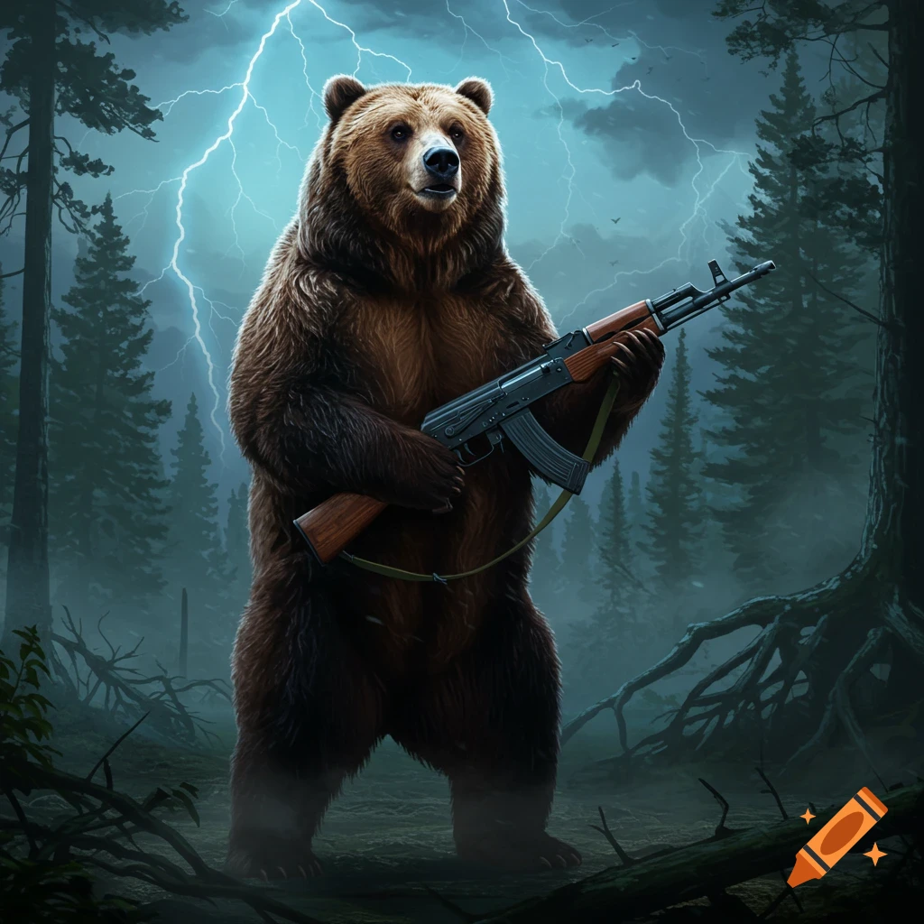 A photorealistic grizzly bear stands upright in a dark, stormy forest, holding an AK-47 rifle as lightning strikes in the background.