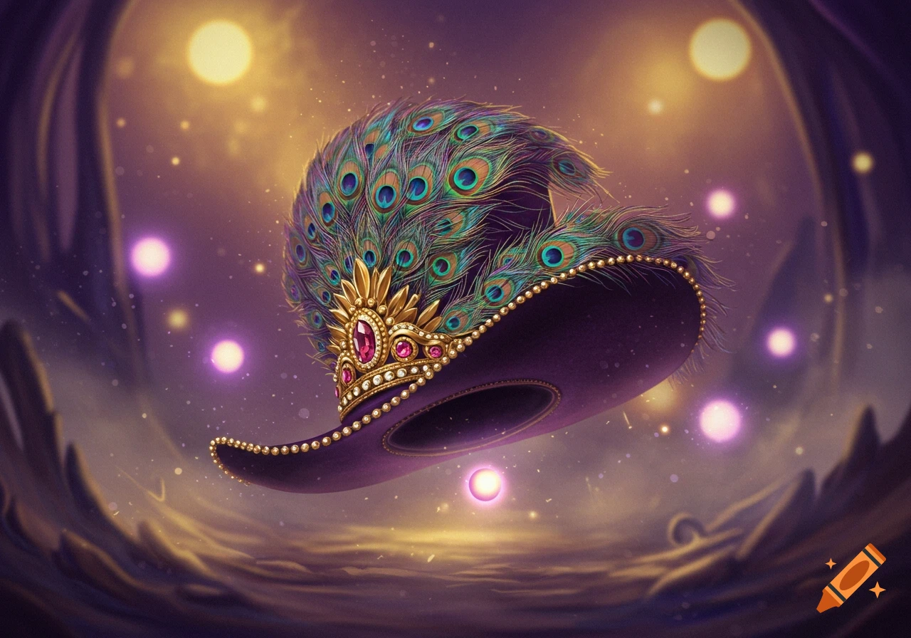 A fantastical purple hat adorned with green and blue peacock feathers, gold trim, and red jewels, floating in a glowing, ethereal landscape.