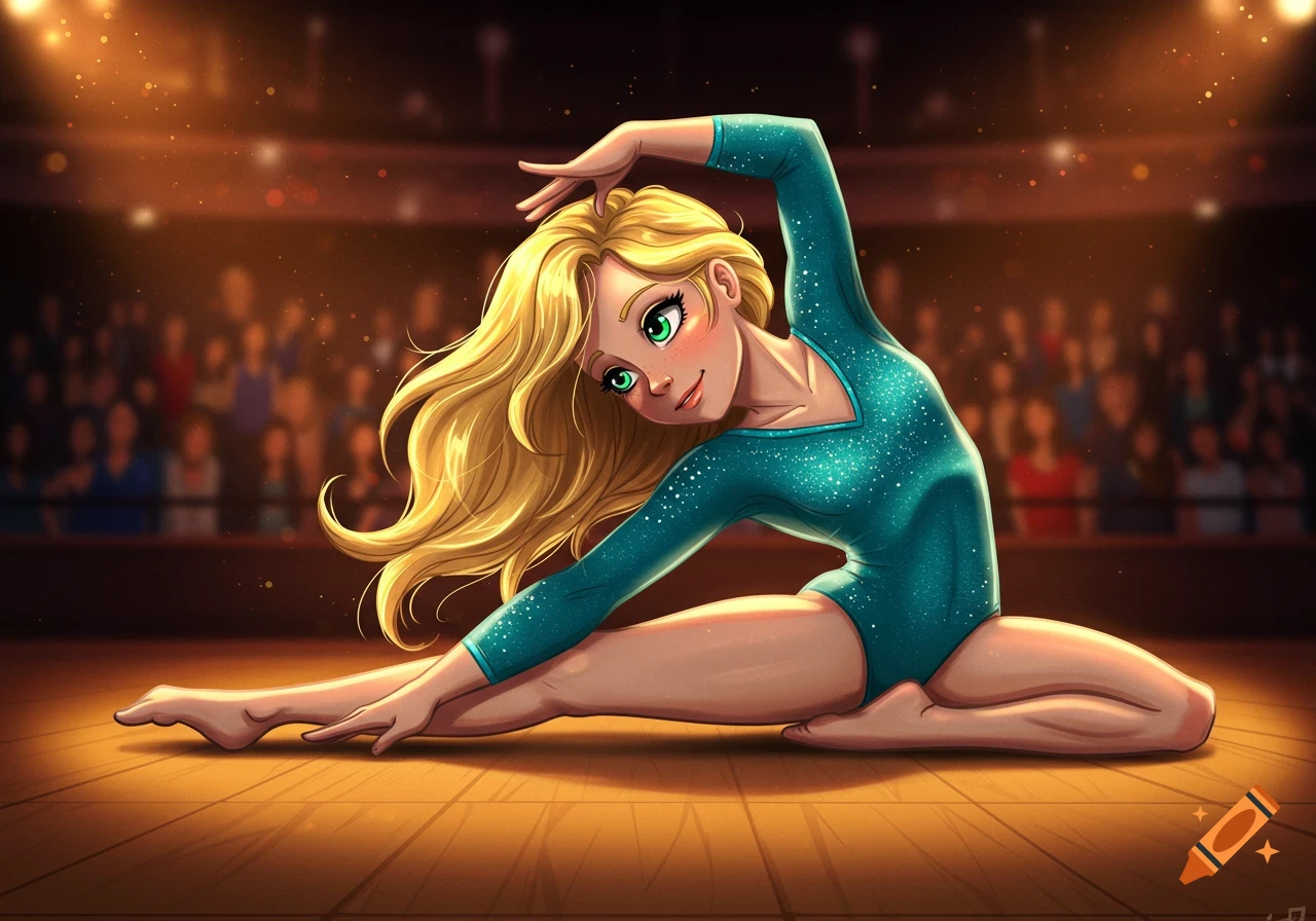 Cartoon illustration of a blonde, green-eyed gymnast in a teal leotard stretching on a wooden stage before a blurred audience.