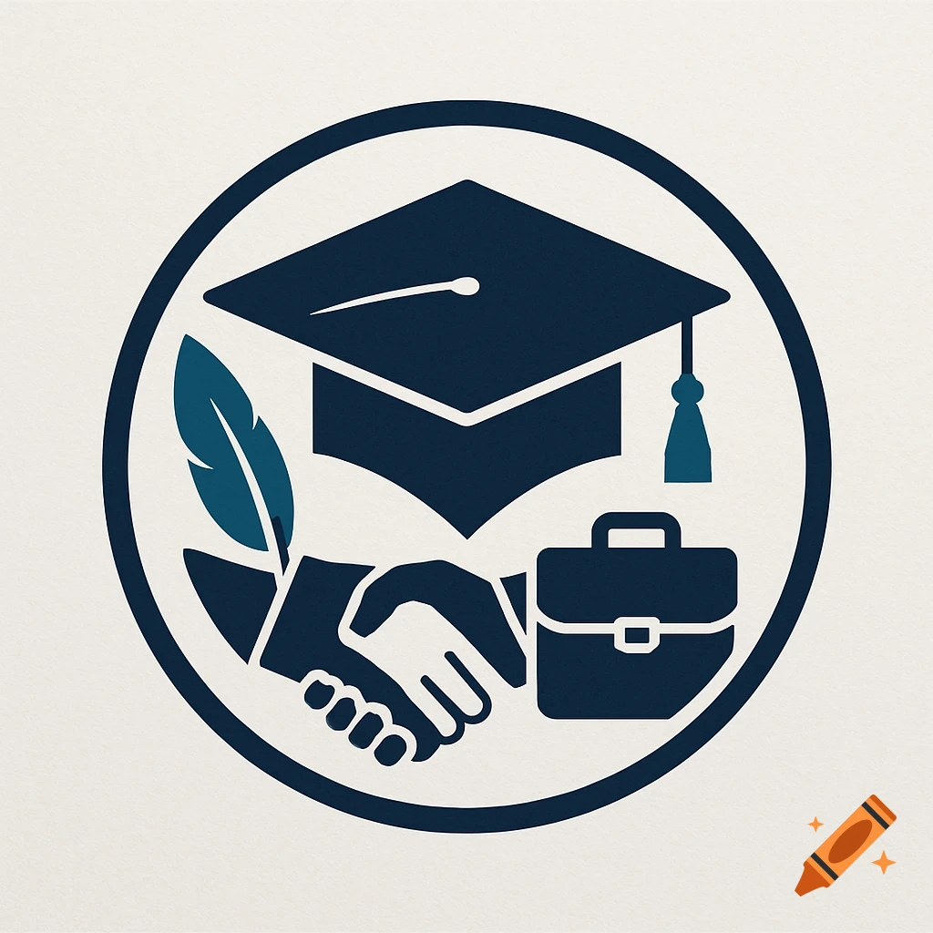 A logo featuring a graduation cap, a quill, a handshake, and a briefcase within a circle, symbolizing education and professional skills.