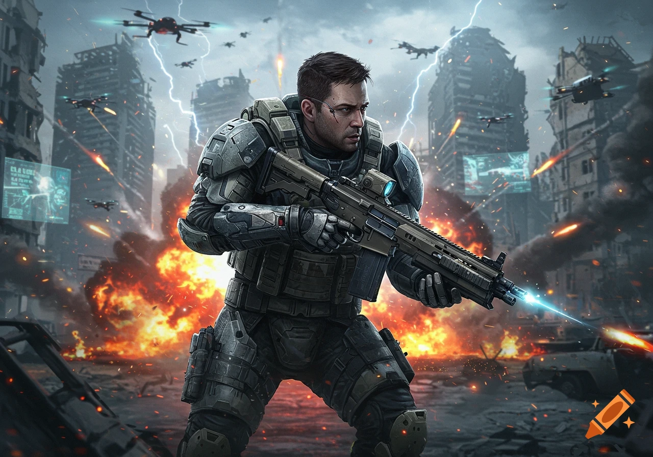 A heavily armored soldier holds a rifle with a glowing muzzle in a destroyed futuristic city with explosions, drones, and lightning.