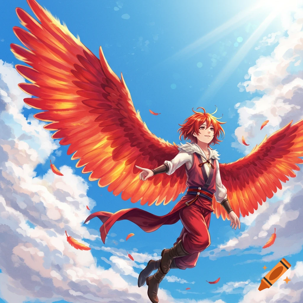 Anime character with red hair, red and white clothes, and large red and orange wings, flying happily in a bright blue sky with clouds.