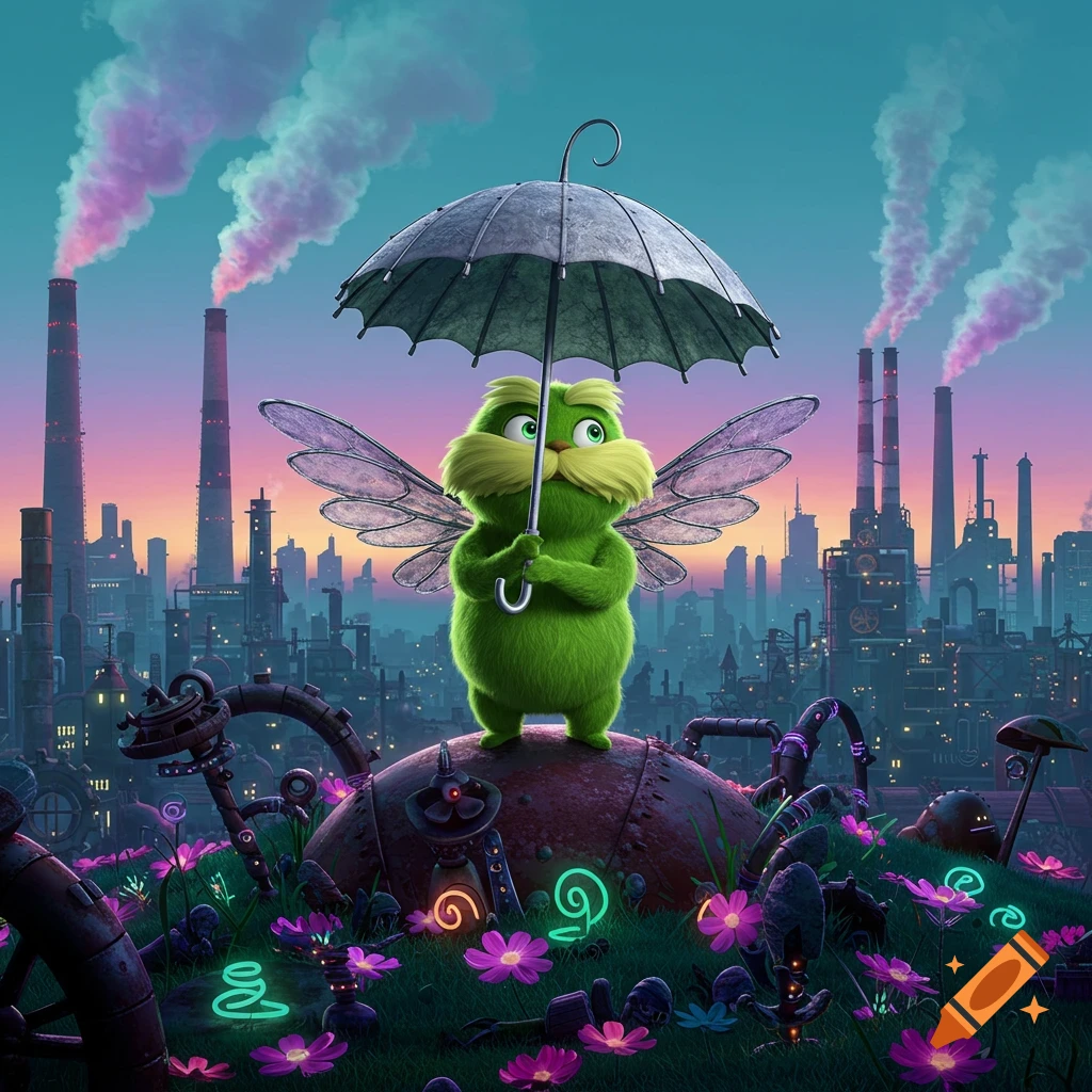 A green, furry creature with a mustache and fairy wings holds an umbrella on a hill of glowing flowers, overlooking a smoky industrial cityscape.