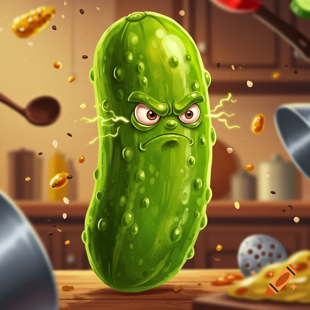 An angry cartoon green pickle character stands on a wooden kitchen counter with spices and cooking utensils in the background.