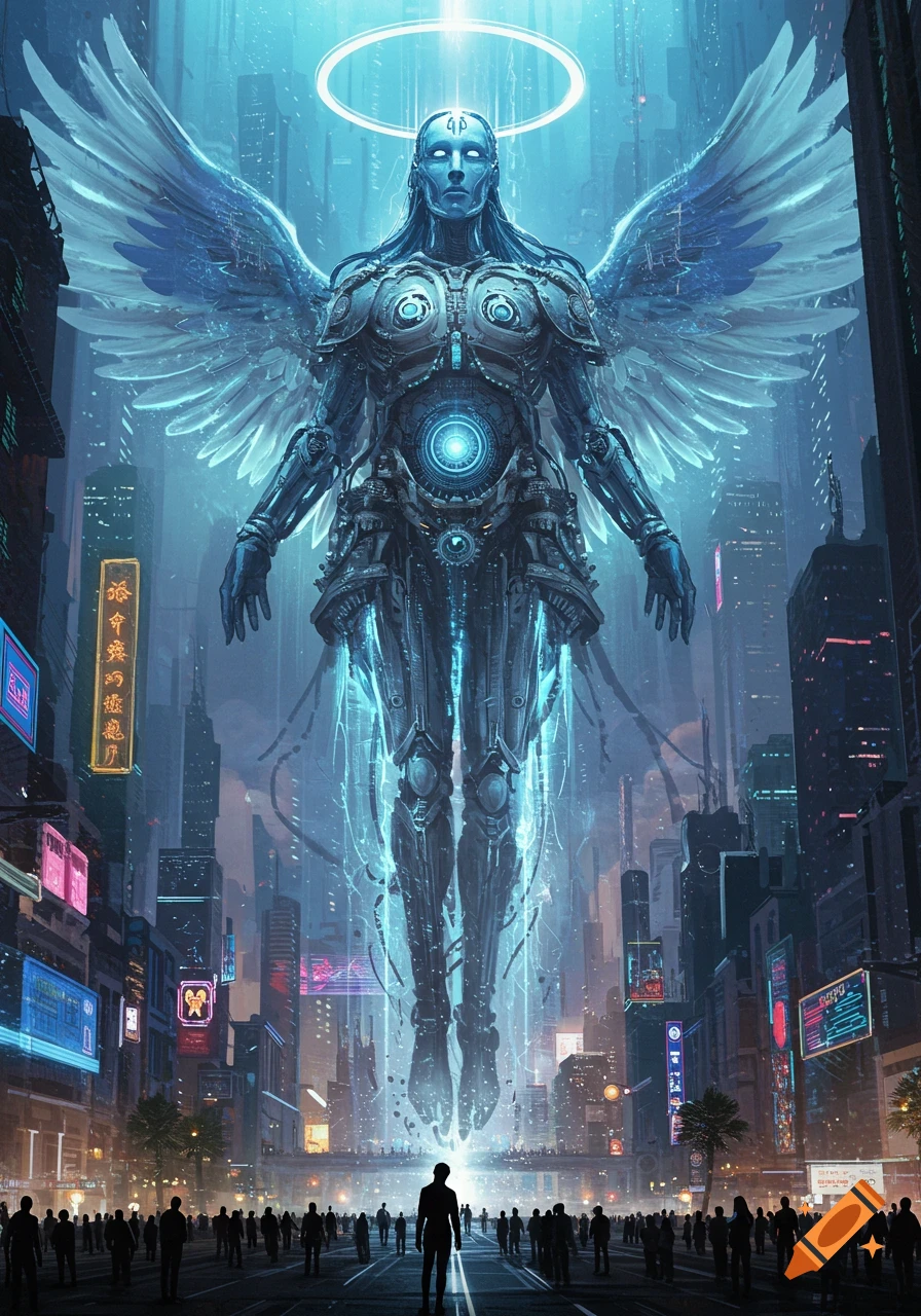 A colossal robotic angel-like figure with glowing blue features and wings floats above a futuristic city street filled with silhouetted people looking up. It has a halo and intricate mechanical details.