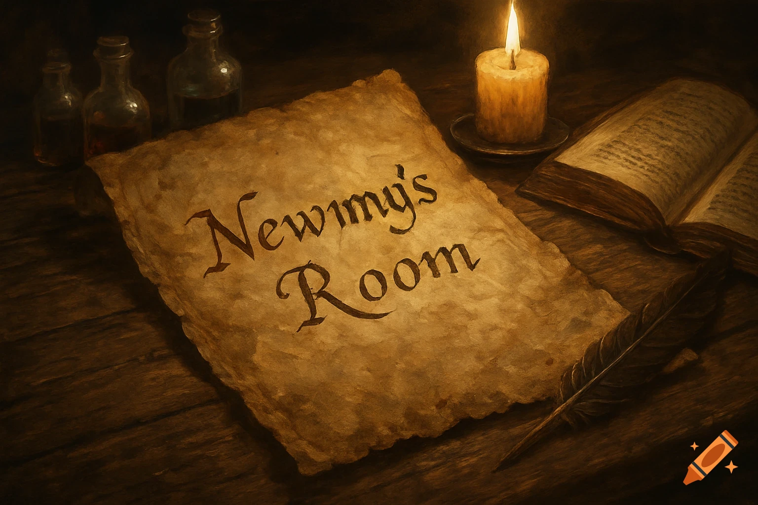 A faded piece of parchment with 'Newmy's Room' written on it, next to a lit candle, quill, and open book on a wooden table.