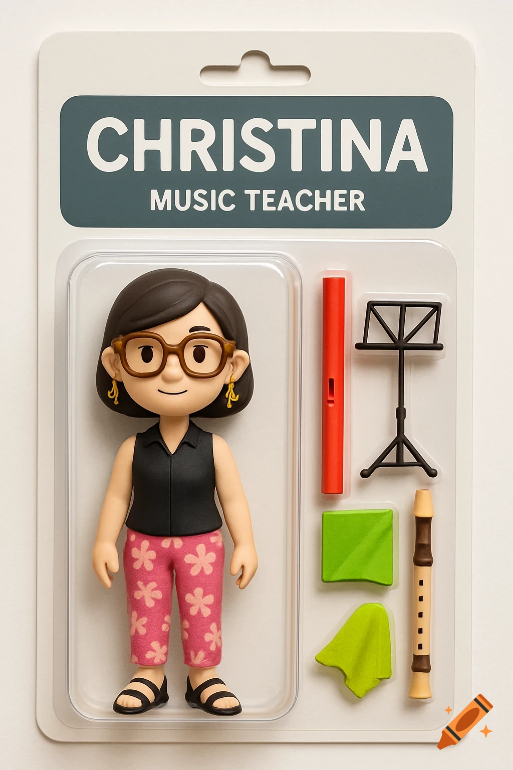 A cartoon-style toy figure of Christina the Music Teacher in blister packaging with a recorder and music stand.