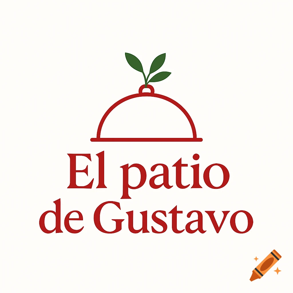 Minimalist red and green logo for 'El patio de Gustavo' featuring a cloche with leaves on a white background.