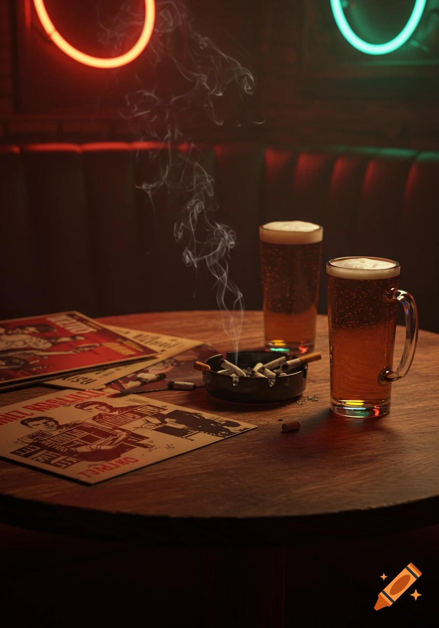 A dark bar table with two pints of beer, an ashtray with smoldering cigarettes, and rockabilly LPs, under neon signs.