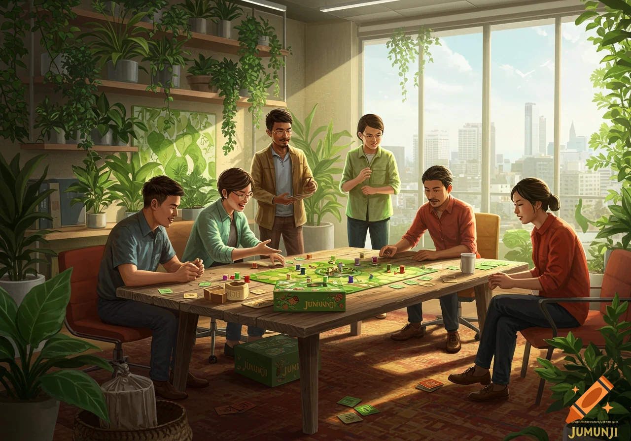 People playing the JUMUNJI board game at a table in a plant-filled office with a city view.
