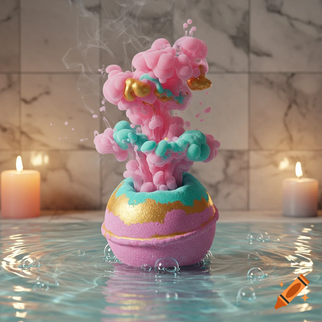 A vibrant pink and teal bath bomb fizzing with colorful foam and smoke in a tub of water, with lit candles.