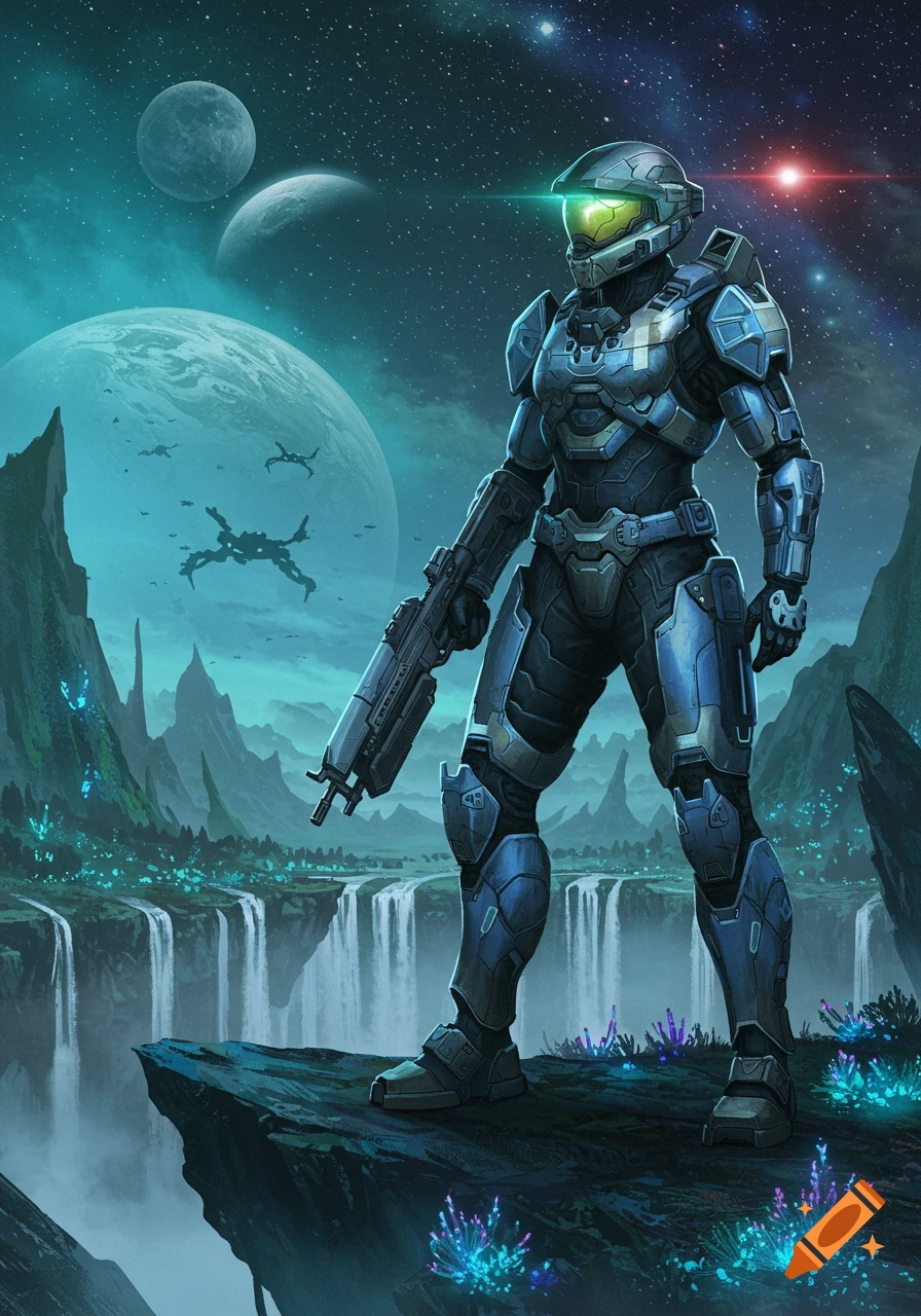 A female Halo Spartan in blue and grey armor stands on a cliff overlooking waterfalls and an alien landscape under a starry, multi-planet sky.