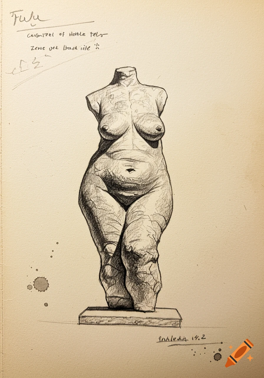 A detailed, monochrome sketch of the Venus of Hohle Fels statue on an old paper background with handwritten notes and smudges.