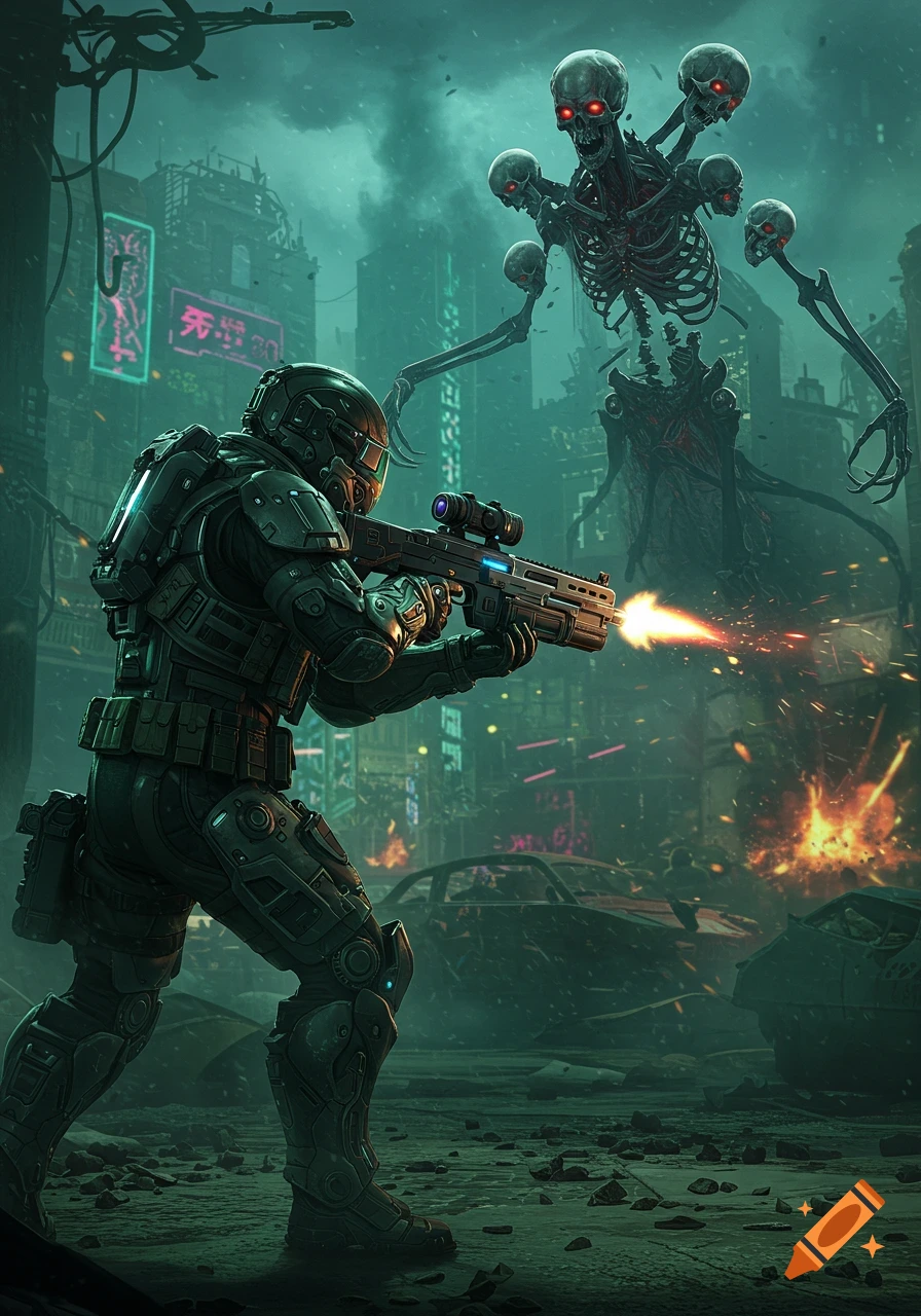 A heavily armored soldier fires a rifle at a towering alien creature made of skulls in a dark, ruined, futuristic city.