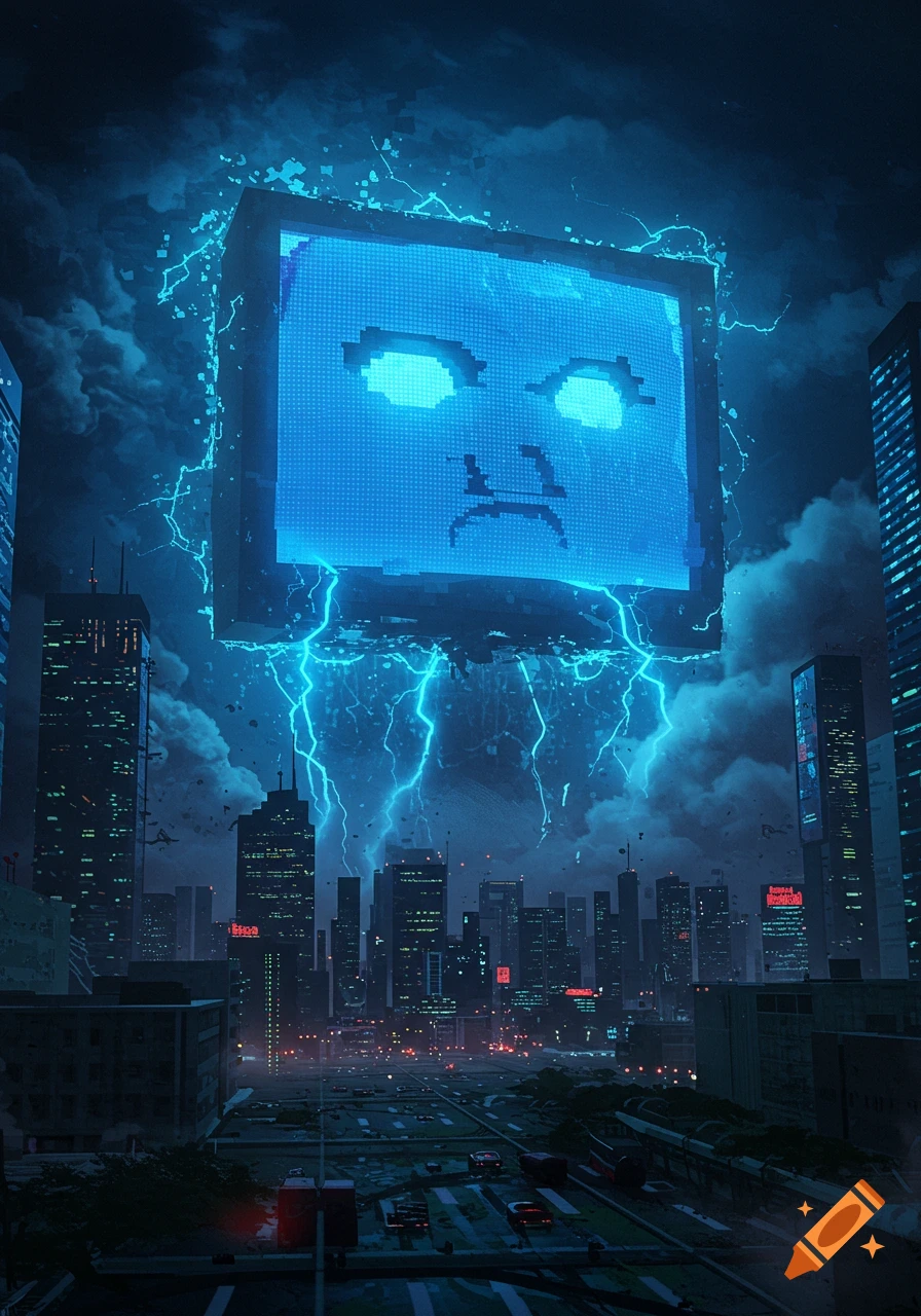 A giant, glowing blue pixelated screen with a sad face hovers over a dark, futuristic cityscape, casting neon blue light and striking lightning bolts.