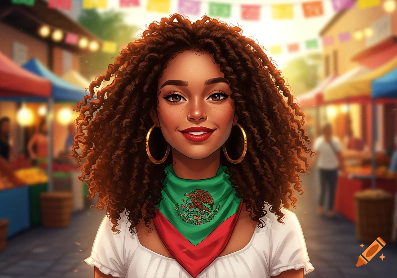 A stylized digital art portrait of a smiling Black woman with curly hair, wearing a Mexican flag bandana at an outdoor festival.