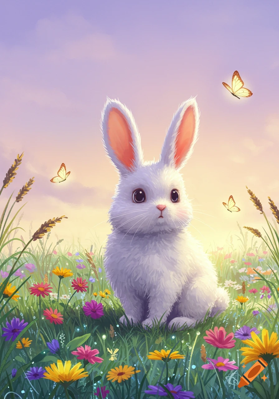 A cute white bunny with large ears sits in a vibrant field of colorful flowers with butterflies under a soft purple sky.