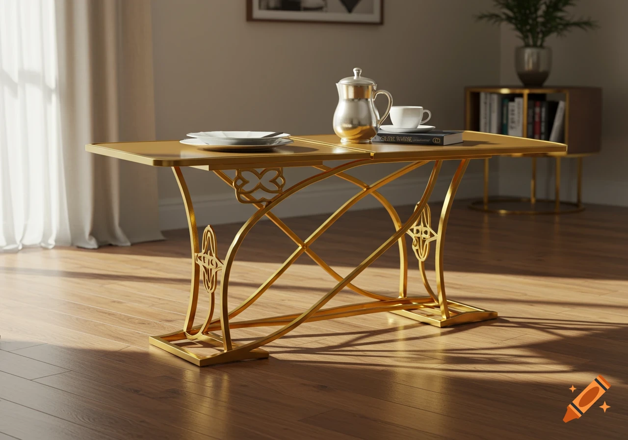 A modern gold dining table with an ornate metal base stands on a sunlit wooden floor, adorned with a silver pitcher, teacup, and book.