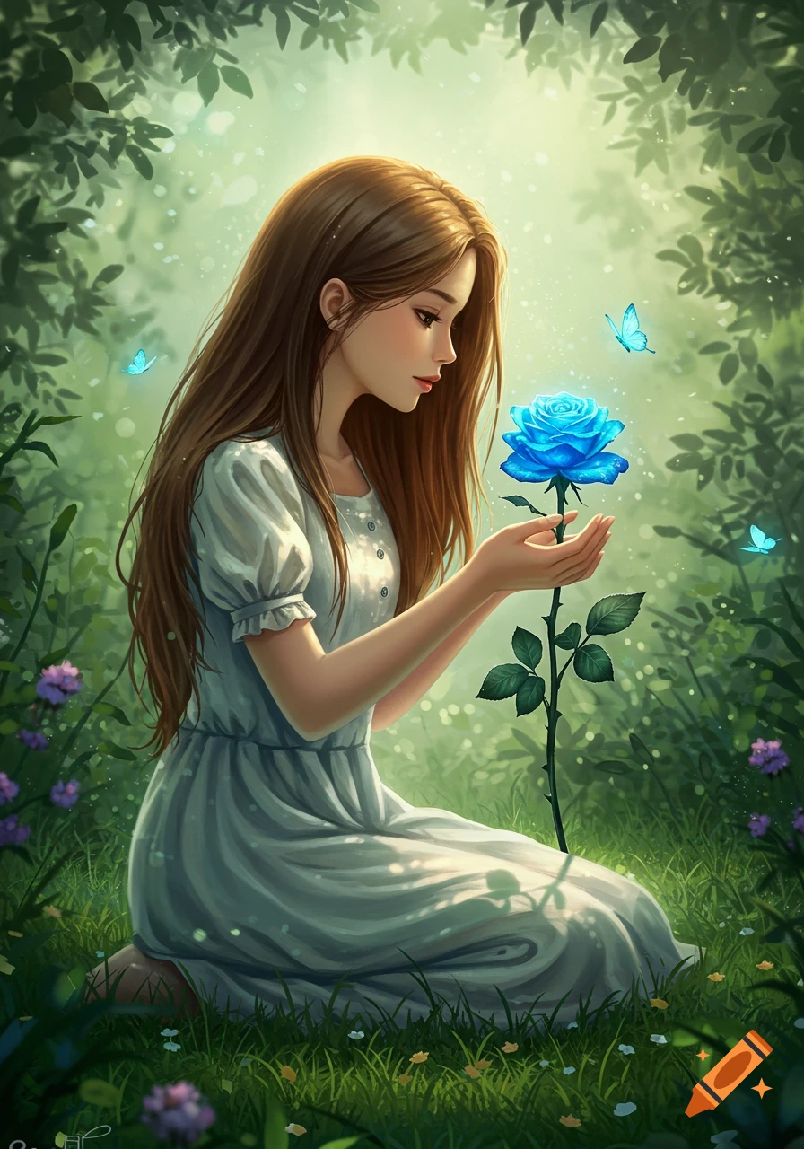 Illustrated girl with long brown hair kneeling in a luminous forest, holding a glowing blue rose with delicate hands, blue butterflies flutter nearby.