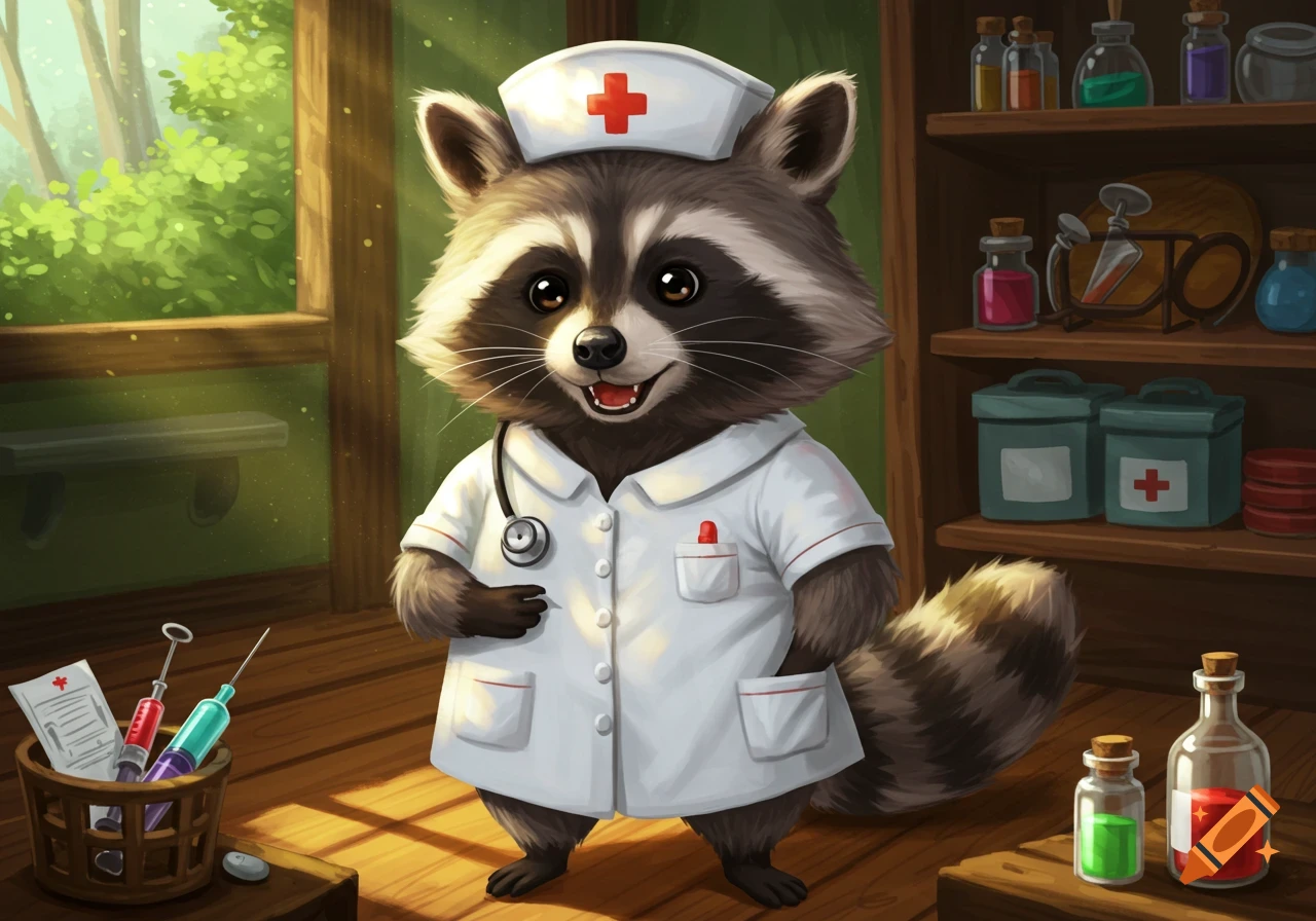 A cute, smiling cartoon raccoon dressed in a white nurse's uniform with a stethoscope, standing in a room with medical supplies.