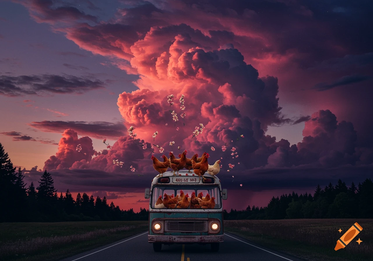 A photorealistic digital art image of chickens riding on top of and inside an old, teal bus on a road, under a dramatic sky with vibrant pink and red clouds, with pink flowers falling around them.
