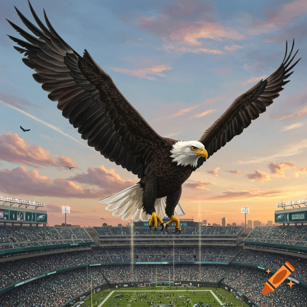 A majestic bald eagle soars with outstretched wings above a crowded American football stadium at sunset.