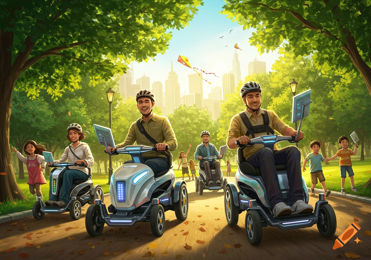 People ride futuristic four-wheeled scooters through a sunny park with trees and a city skyline in the background.
