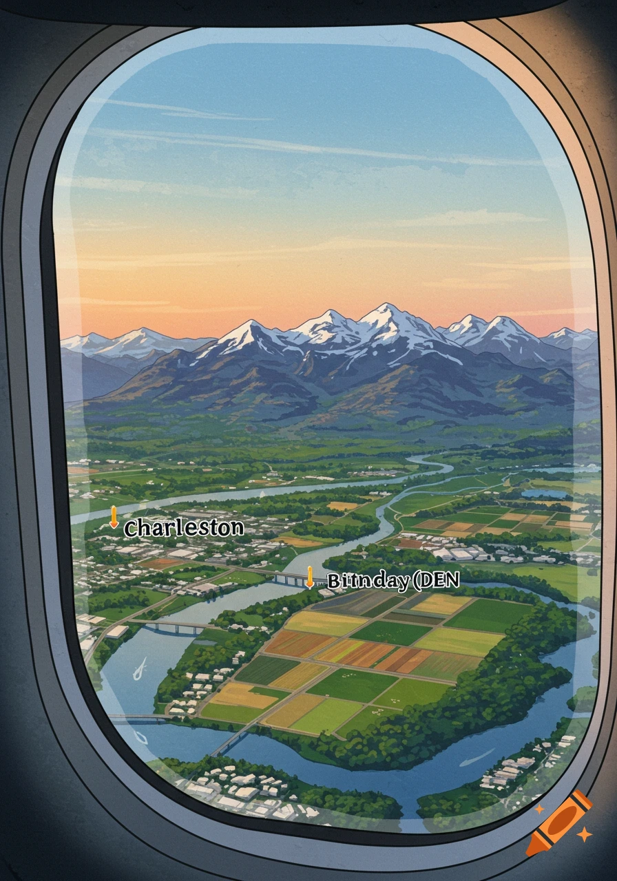 An illustration of a landscape with mountains, rivers, and towns seen from an airplane window, labeled Charleston and Bittday (DEN).