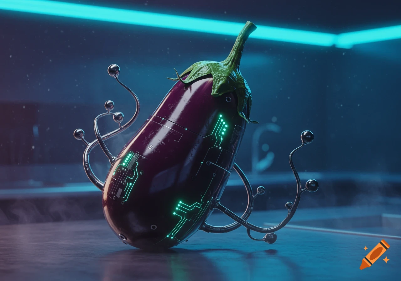 A photorealistic, futuristic eggplant with glowing green circuitry and metallic tendrils, set against a dark, sci-fi background.