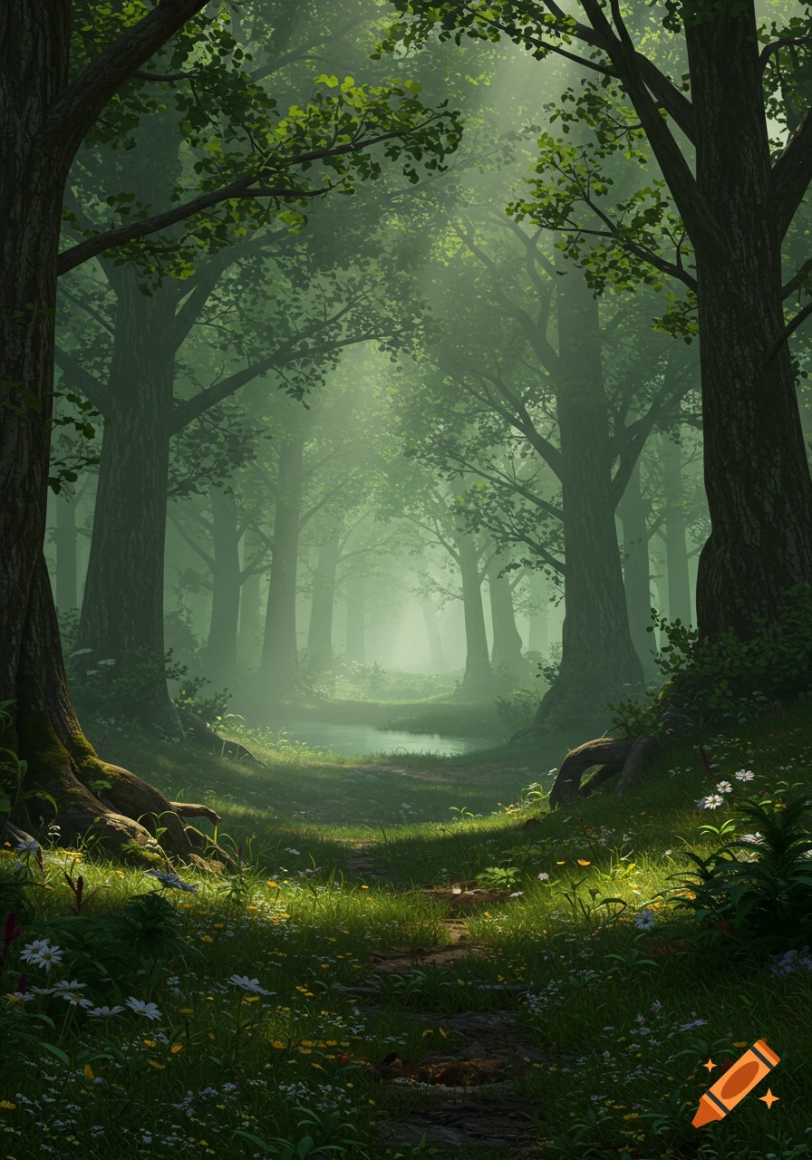 A path winds through a mystical forest with sun rays filtering through the misty trees, illuminating the green grass and wildflowers.