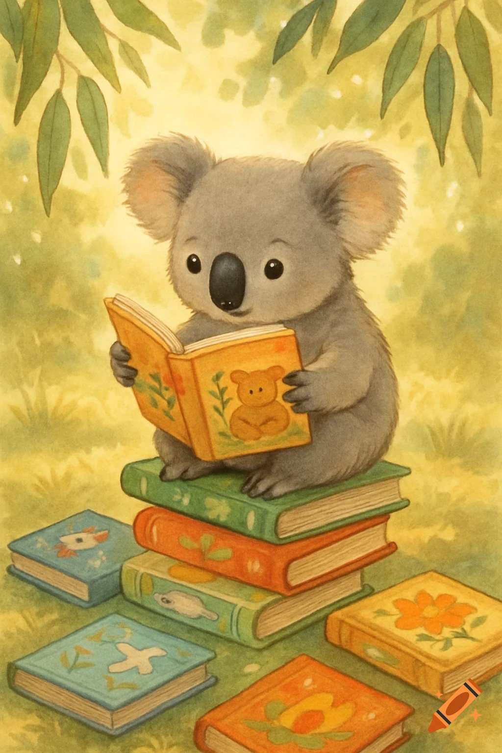 A cute koala sits on a stack of books, reading an open book, surrounded by more books and eucalyptus leaves. Watercolor illustration.