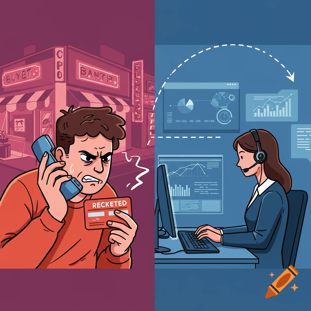 An upset man talks on the phone, holding a card labeled "RECKETED," while a call center agent analyzes data at a computer on the right.
