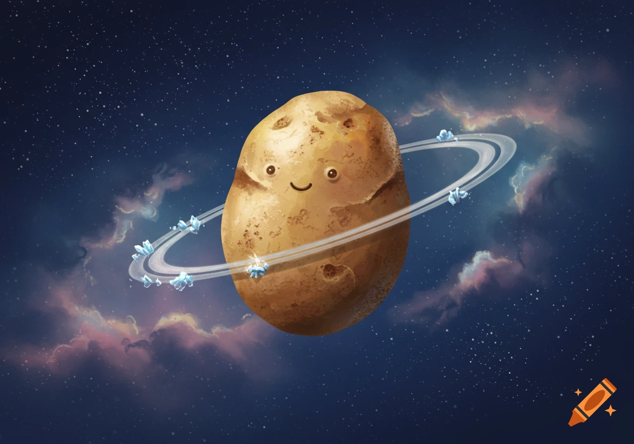 A whimsical potato planet with a smiling face and rings made of ice crystals, set against a starry, colorful nebula in space.