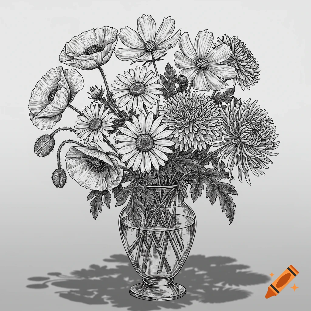A black and white line art illustration of a bouquet of poppies, daisies, cosmos, and chrysanthemums in a glass vase.