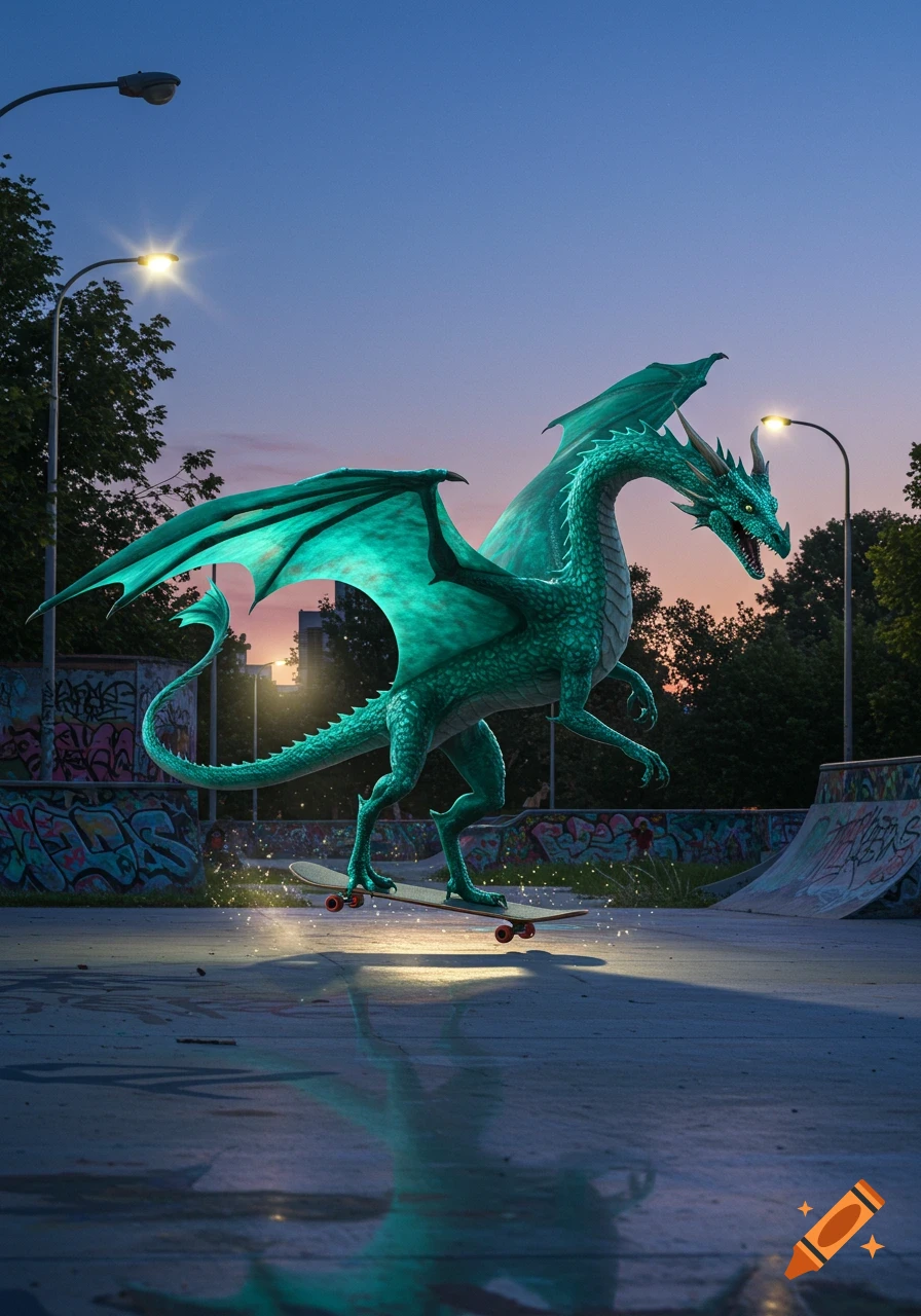 A photorealistic green dragon with large wings balances on a skateboard in a skatepark at dusk, with streetlights on and graffiti on the walls.
