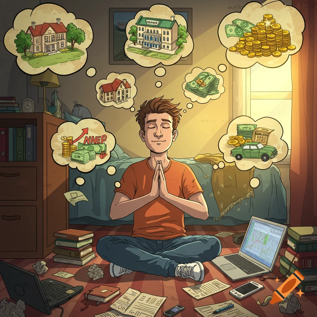 Cartoon man meditating in a messy room, surrounded by thought bubbles showing houses, money, and cars.