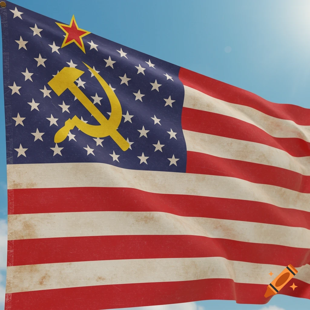 A flag combining the design of the American flag with the Soviet hammer and sickle and red star, against a blue sky.