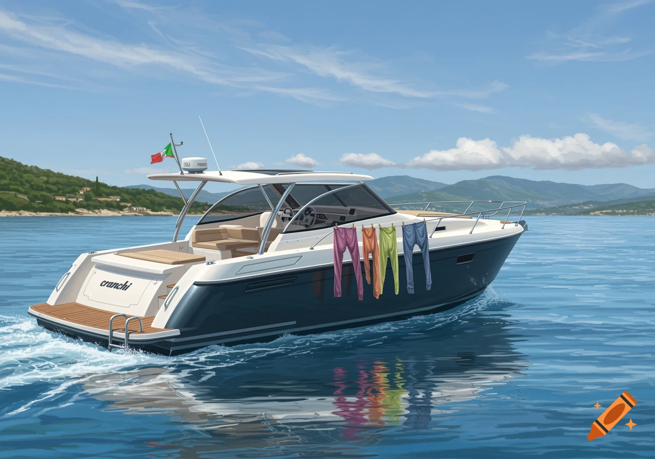 A white and blue motorboat named Cranchi with colorful pants drying on its rail, on a blue sea under a partly cloudy sky with a distant green coastline.