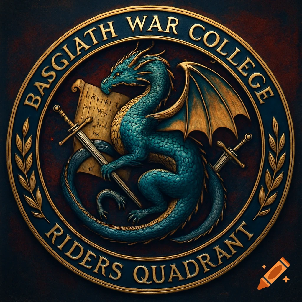 An ornate blue and gold emblem featuring a dragon, crossed swords, a scroll, and the text 'Basgiath War College Riders Quadrant'.