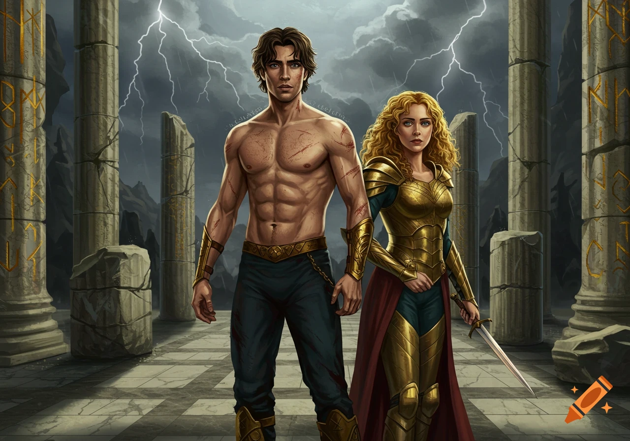 A muscular man with scars and a woman in golden armor stand amidst broken columns under a stormy, lightning-filled sky.