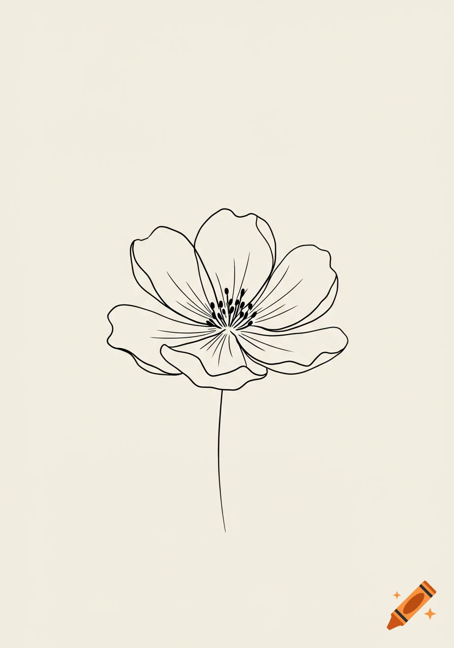 A simple black outline drawing of a flower with petals and a stem on a light cream background.