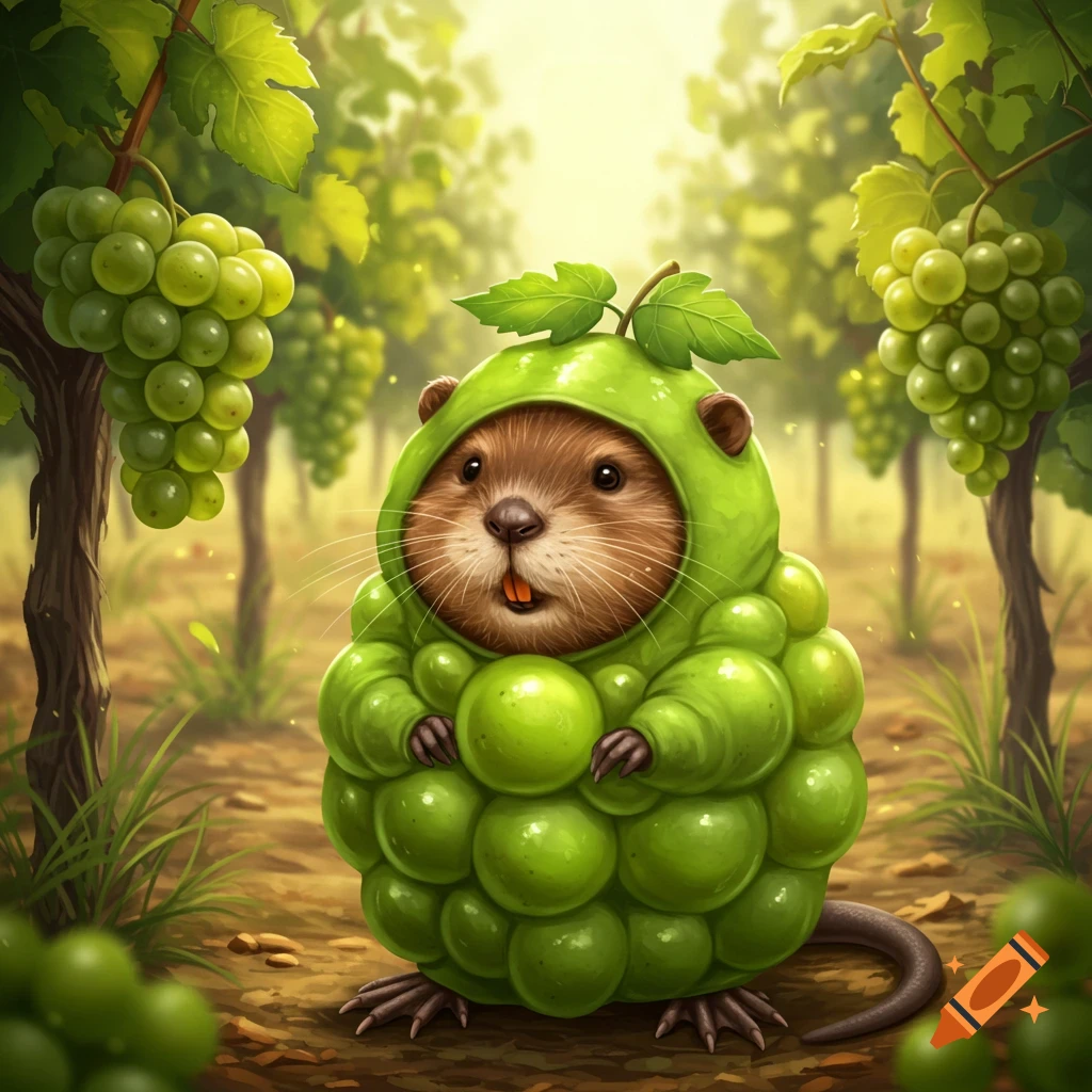 A cute muskrat wearing a green grape costume stands in a sunny vineyard with grapevines.