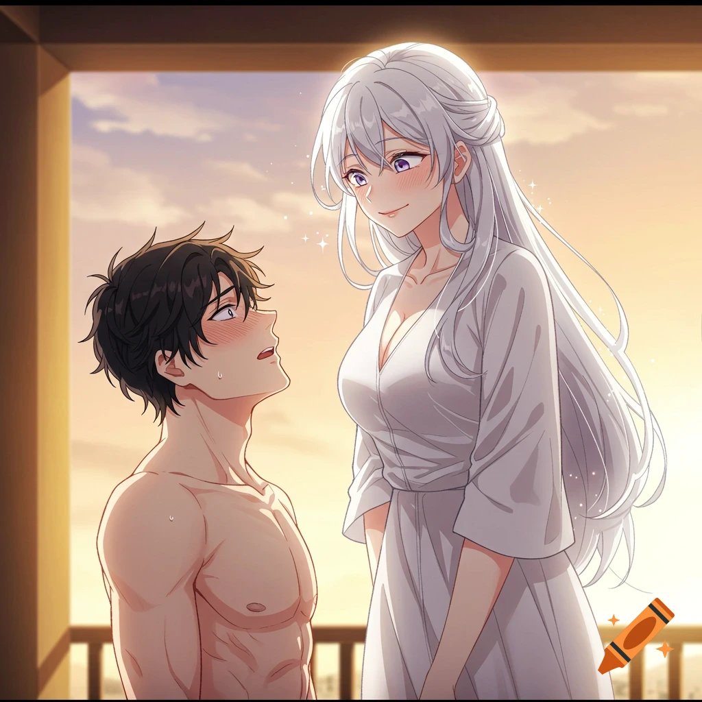 An anime couple. A shirtless man looks up with an embarrassed expression at a taller woman in a white v-neck dress, set against a sunset background.