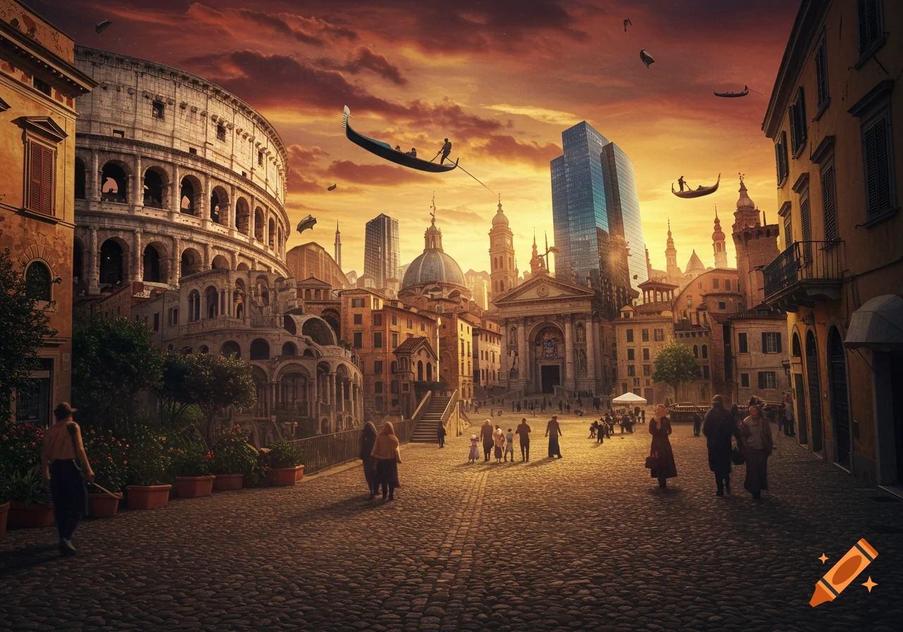 A surreal cityscape blends ancient Roman architecture like the Colosseum with modern skyscrapers, under an orange sunset, with flying gondolas.