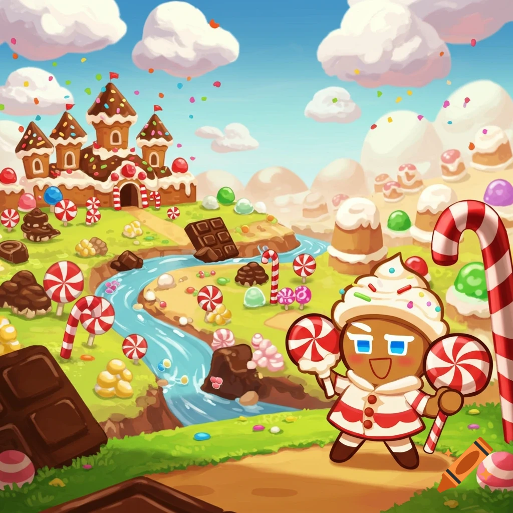 A cheerful cartoon candy land with a gingerbread character holding lollipops, a chocolate castle, and rivers.