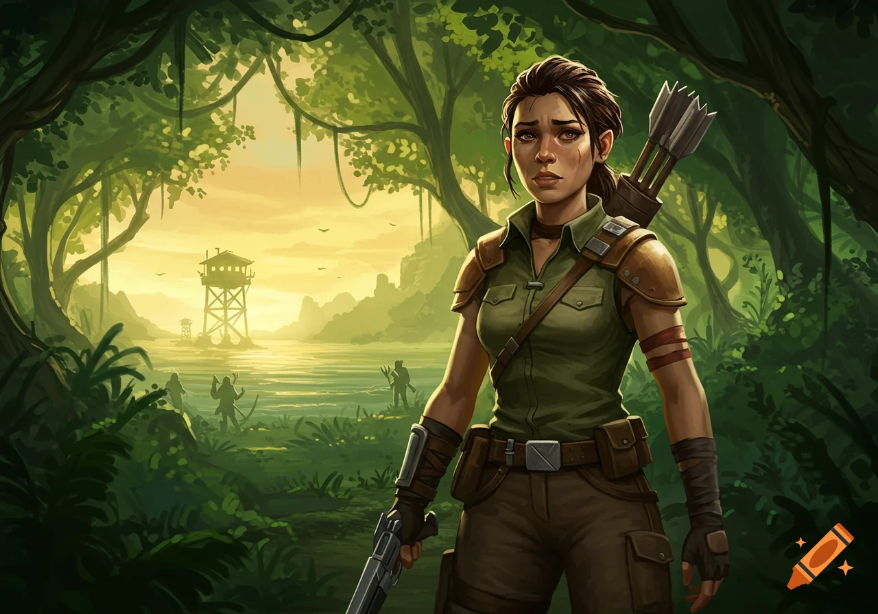 A determined female ranger stands in a lush jungle, holding a pistol, with a watchtower and river in the background.